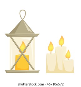Candle and lantern set. Christmas decoration for shelves, table, cabinet.