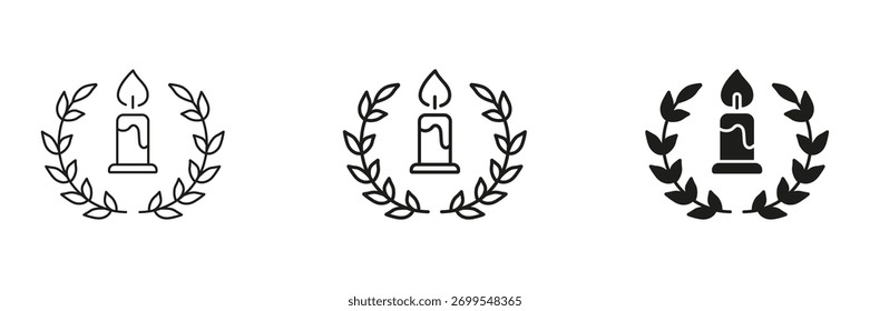 Vela Com Coroa De Laurel Em Linha, Contorno E Conjunto De Ícones De Glifo. Celebração, Vitória E Coleção De Símbolos De Honra. Decorativo E Cerimonial. Ilustração de vetor isolada.