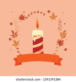 Candle and leaves of thanksgiving day design, Autumn season holiday greeting and traditional theme Vector illustration