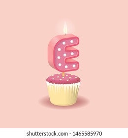 Candle Letter E On Pink Background. Font For Happy Birthday Celebration. Cupcake With Candle. Set For Candy Bar. 3D Sweet Alphabet. Baby Shower Muffin