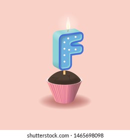 Candle Letter F On Pink Background. Muffin With Candle. Set For Candy Bar. 3D Sweet Alphabet. Font For Happy Birthday Celebration. Childich Collection