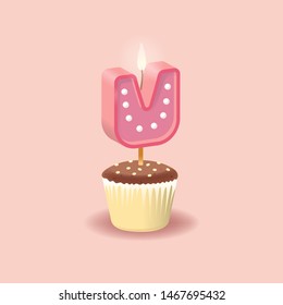 Candle Letter U On A Pink Background. Set For Candy Bar. Font For Happy Birthday Celebration. Realistic Collection for Children's Party. Baby Shower. Muffin With Candle. 3D Sweet Alphabet