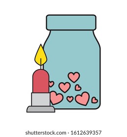 candle light and bottle with hearts isolated icon vector illustration design