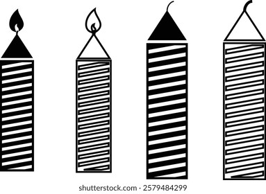 Candle light burn wax flat and line outline icon set . Birthday decorative candles collection isolated on transparent background. For celebration, candlelight design template simple and clean.