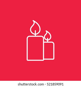 candle light burn wax white thin line outline icon on red background