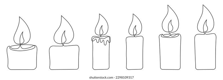 Candle light continuous one line drawing art set. Vector isolated on white.