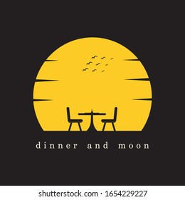  Candle light dinner accompanied by the moon.Silhouette vector design.