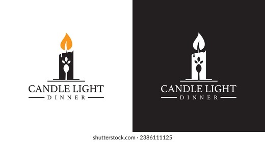 Candle Light Dinner Logo Designs. Healthy Food Candle Light Dinner with Spoon and Leaf Design Vector Illustration.