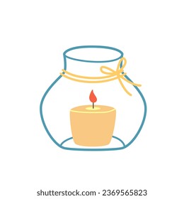 Candle light in a glass jar. Vector illustration isolated on a white background. Modern decor element.