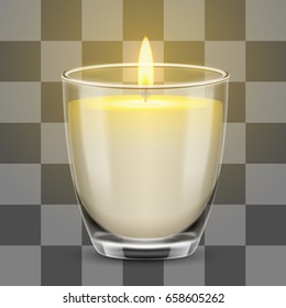 Candle light in a glass jar. Vector realistic illustration isolated on transparent background.