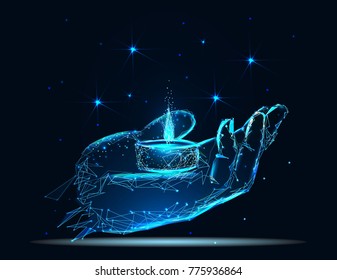 Candle light glowing in hands. Praying, faith, religion concept. Vector polygonal image 