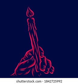 La luz de las velas y el arte pop de línea de mano retratan el diseño colorido con un fondo oscuro. Ilustración del vector abstracto.