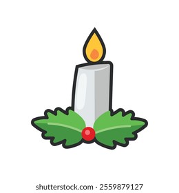 candle light and holly leaf with outline in flat vector design.