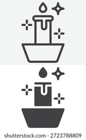 Ícone de luz de vela definido em estilo de linha e sólido. Contorno e sinal vetorial preenchido com traço editável, ícone de símbolo ritual para magia, ambiência mística e design oculto.