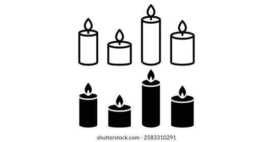 candle light icon vector design black white color outline and black filled illustration sets