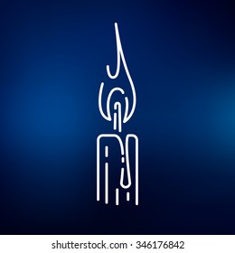 Candle light icon. Wax wick light sign. Natural lighting symbol. Thin line icon on blue background. Vector illustration.