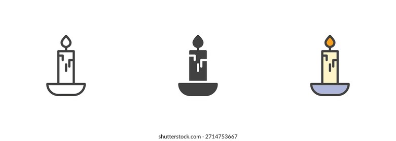 Candle light medieval illumination different style icon set. Line, filled outline and solid color vector icon. Flame symbol, religion sign, night light icon for interior icon.