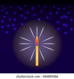 Candle Light on Blue Background with Light Ball Down. Vector illustration.