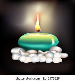  Candle light shines in darkness, showing the concept of bright.A turquoise, round candle stands in the dark on white stones and burns. Realistic vector illustration. Picture drawn by hand