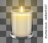 Candle light in a straight glass jar. Vector realistic illustration isolated on transparent background.