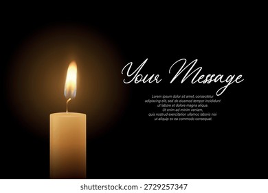 Candle Light, Vector Illustration with 3d Realistic Burning Flame on Dark Background. Memorial and Sympathy Horizontal Card Template. Spiritual, Calm Design For Remembrance, Meditation, Condolence