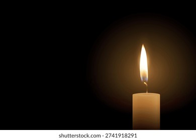 Candle Light, Vector Illustration with 3d Realistic Burning Flame on Dark Background. Memorial and Sympathy Horizontal Card Template. Spiritual, Calm Design For Remembrance, Meditation, Condolence