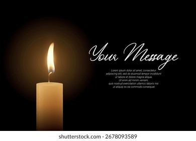 Luz de vela, Ilustração de vetor com chama ardente no fundo escuro. Memorial e Modelo de Cartão de Simpatia. Design Espiritual e Calmo para Lembrança, Meditação, Condolências e Convite