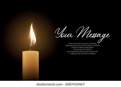 Luz de vela, Ilustração de vetor com chama ardente no fundo escuro. Memorial e Modelo de Cartão de Simpatia. Design Espiritual e Calmo para Lembrança, Meditação, Condolências e Convite