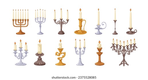 Candle light in vintage candlesticks, victorian classic holders designs set. Ancient metal candelabra, old traditional wax decorations. Flat graphic vector illustrations isolated on white background