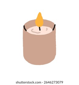 Candle light with warm glow, flame, fire. Wax accessory for home, spa, romantic decoration. Festive holiday decor, cozy minimalist candlelight. Flat vector illustration isolated on white background