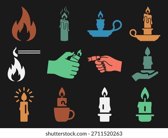 Iconos de iluminación de velas con mecha de llama de fósforo, encendedor y símbolos de fuego de humo de cera