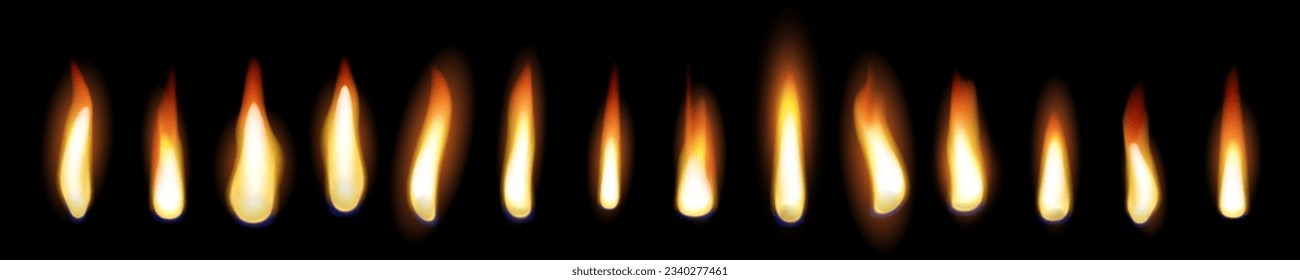 Candle lights with burning flames of fire, glowing candle lights, flaming campfire or fireplace burn. Vector set on black background