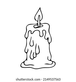 Candle line art. Paraffin burning candle. Wax lighting. Aromatherapy. Wick with flame. Old melted. Hand drawn vector doodle illustration. Outline drawing.