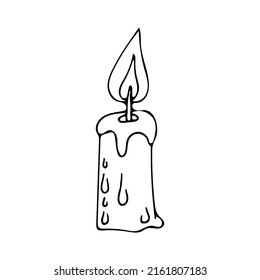 Candle line art. Paraffin burning candle. Wax lighting. Aromatherapy. Wick with flame. Old melted. Hand drawn vector doodle illustration. Outline drawing.