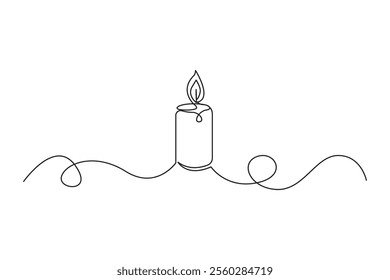 Candle line drawing. Simple flame icon. Minimal wax shape. Vector outline illustration.