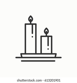 Candle line outline icon. Two burning candles with a bright flame. Light burn wax. Vector simple linear design. Illustration. Flat symbols, sign. Thin element