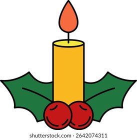 A candle is lit and holly berries