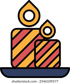 A candle is lit and is on a plate. The candle is orange and red