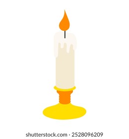 A candle is lit and is sitting on a yellow base. The candle is the main focus of the image and it creates a warm and cozy atmosphere