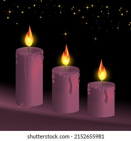 candle lit; three Purple Votive Candle Lights in the dark night With Defocused Abstract Lights