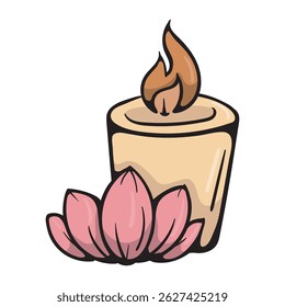 Candle and lotus flower. Vector illustration of SPA procedures and oriental medicine. Color print isolated on white background for icon, sticker, design