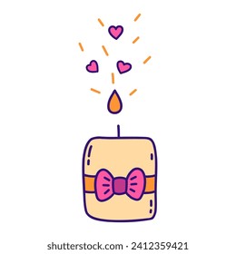 Candle in love burns and releases hearts from flame. Valentines day concept. Colorful vector isolated illustration hand drawn doodle clip art. February 14, romance. Icon or card with outline