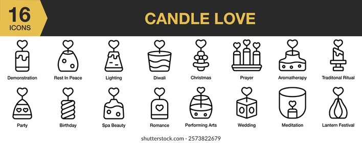 Candle Love icon set. Includes love, candle, romance, light, valentine, and More. Outline icons vector collection.