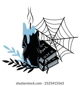 Candle with magic books and spider web vector illustration on white background, hand drawn composition, blue color clipart