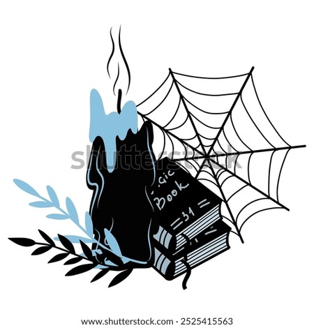 Candle with magic books and spider web vector illustration on white background, hand drawn composition, blue color clipart