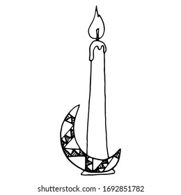 Candle for a magic ritual on a support of the moon. Hand-drawn vector illustration isolated on white background.