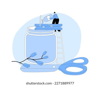Candle Making Craft, Home Decoration Creation. Tiny Female Character Stand On Ladder Add Scented Liquid In Huge Glass