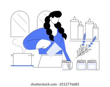 Vela fazendo ilustrações isoladas de vetor de desenhos animados. Mulher faz velas caseiras usando cera, dia de oficina, master class, curso pop-up de fim de semana, hobby favorito, vetor líquido parafina cartoon.