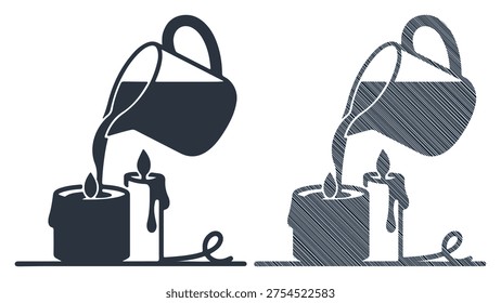 Candle making process, liquid wax filling, decorative element, simple icon, craft emblem