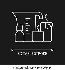 Candle making white linear icon for dark theme. Melting wax. Fragrance oils. Home business. Thin line customizable illustration. Isolated vector contour symbol for night mode. Editable stroke